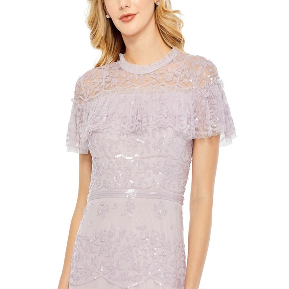 Mac Duggal 9195 Lavender Sequin Floral Lace Tiered Gown Ruffle Capelet Maxi - Picture 3 of 16